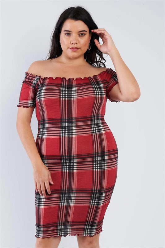 Red Off The Shoulder Plaid Plus Size Dress /2-2-2 - Tasha Apparel Wholesale