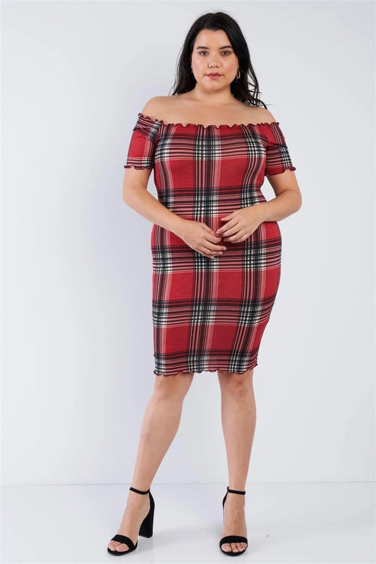 Junior Plus Size Red Off The Shoulder Plaid Dress /1-2-3 - Tasha Apparel Wholesale