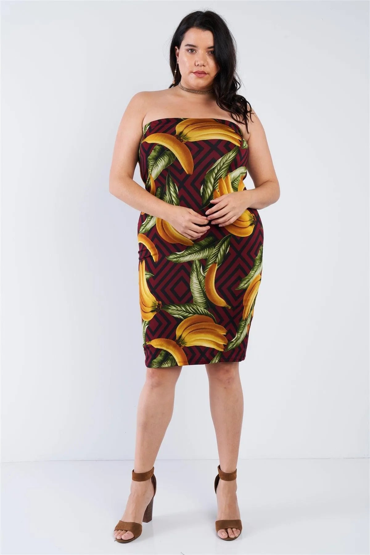 Junior Plus Size Burgundy Banana Print Tube Top Midi Dress /2-2-2 - Tasha Apparel Wholesale