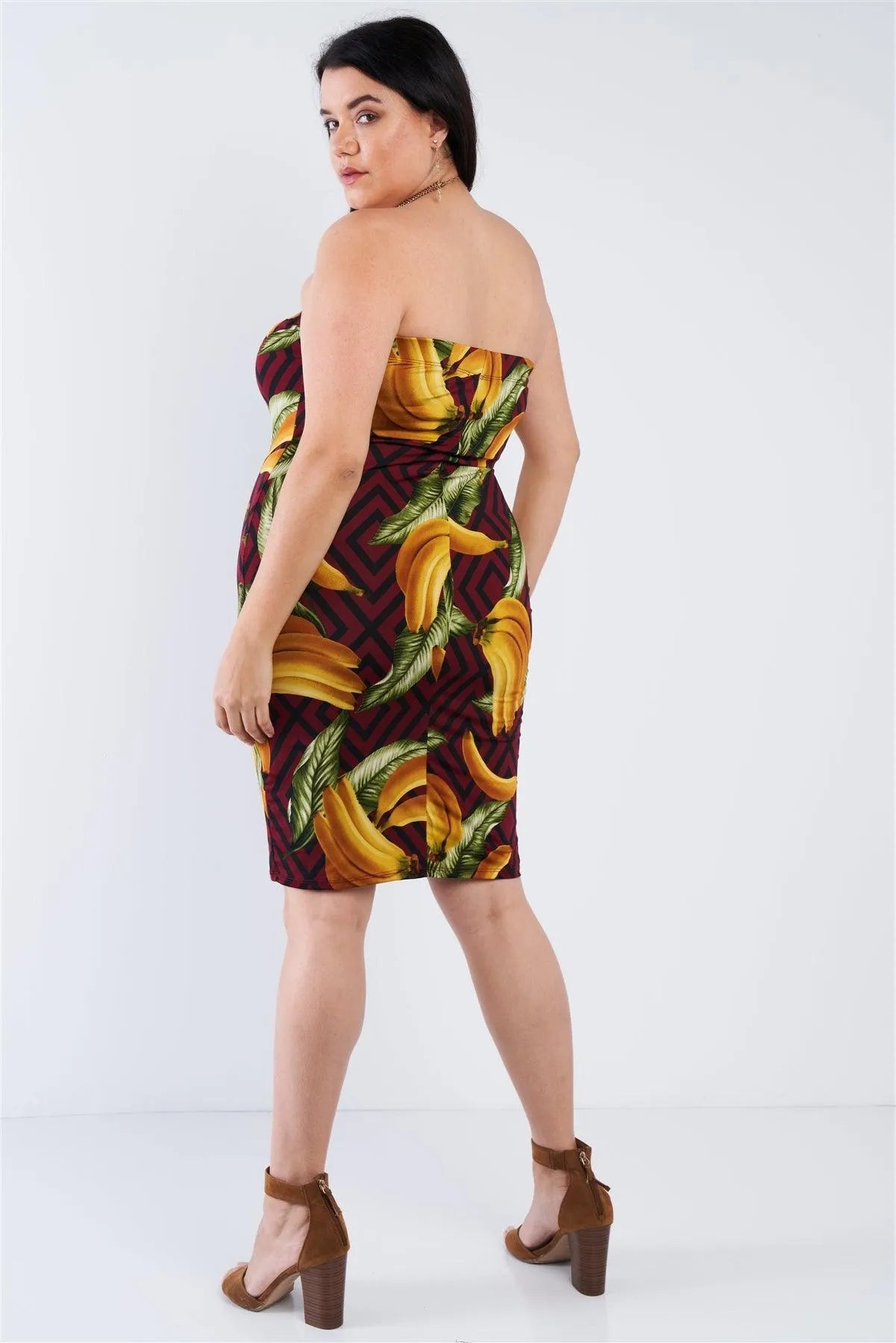 Junior Plus Size Burgundy Banana Print Tube Top Midi Dress /2-2-2 - Tasha Apparel Wholesale