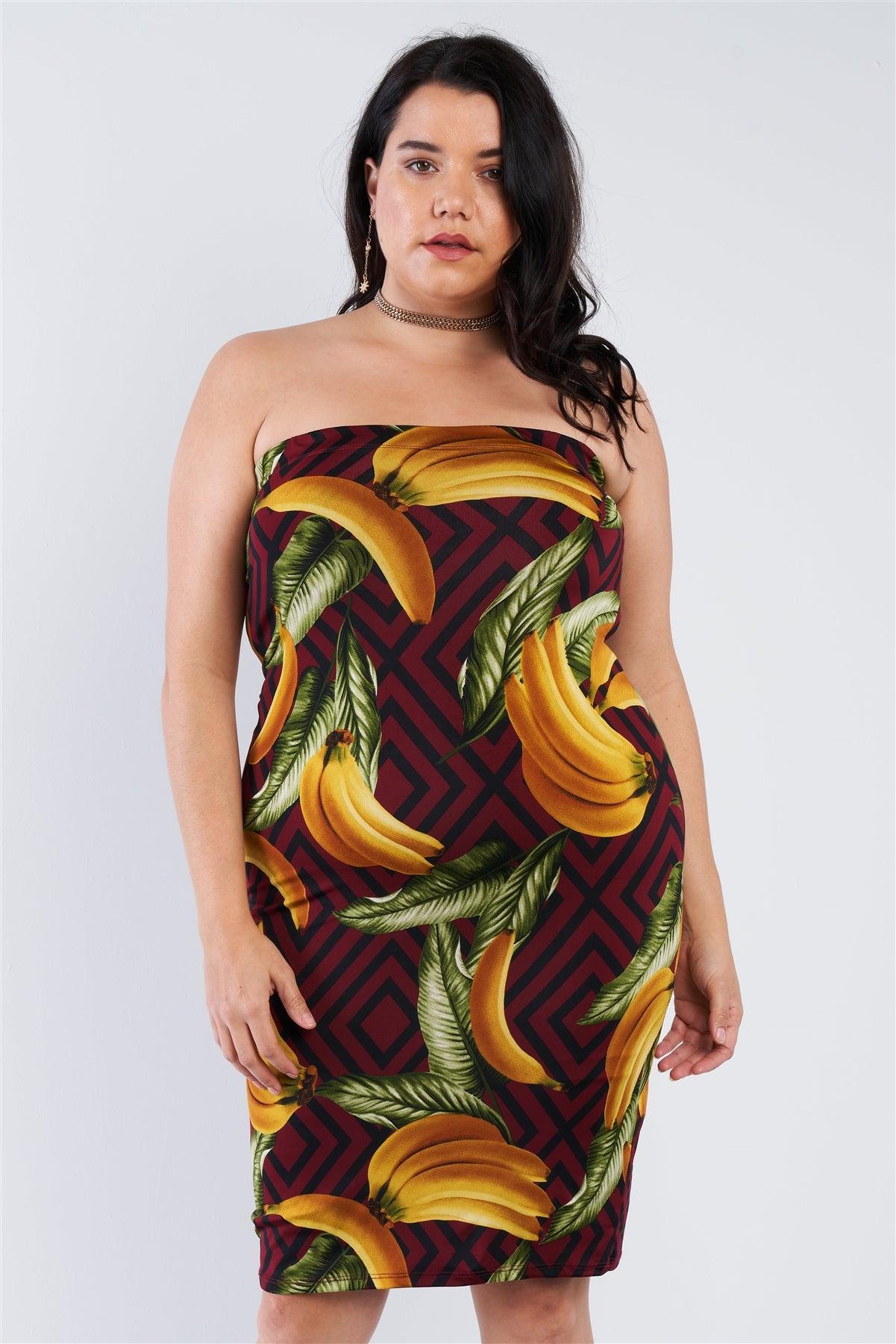 Junior Plus Size Burgundy Banana Print Tube Top Midi Dress  /2-2-2