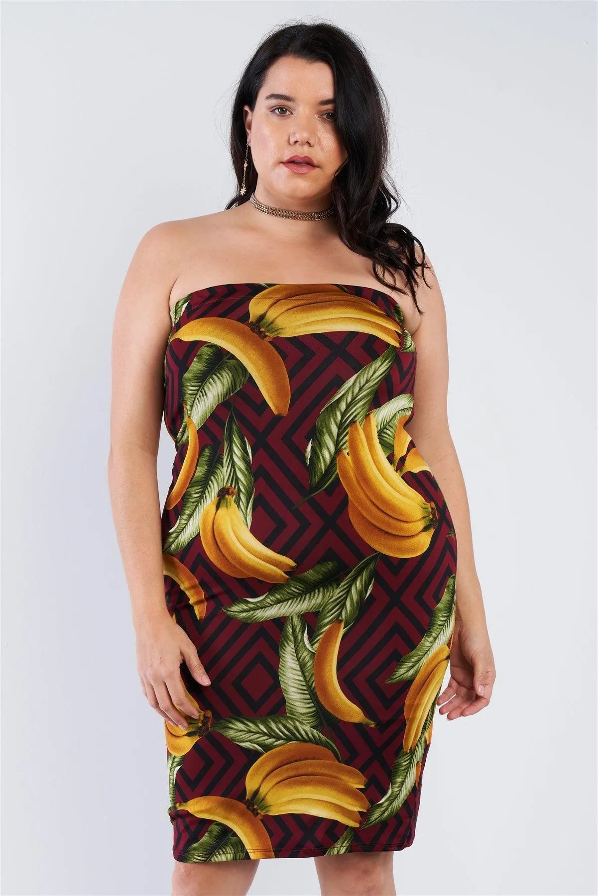 Junior Plus Size Burgundy Banana Print Tube Top Midi Dress /2-2-2 - Tasha Apparel Wholesale