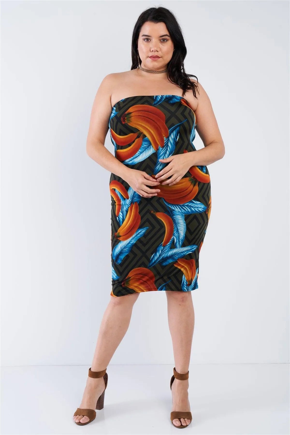 Junior Plus Size Olive Banana Print Tube Top Midi Dress /2-3-3 - Tasha Apparel Wholesale
