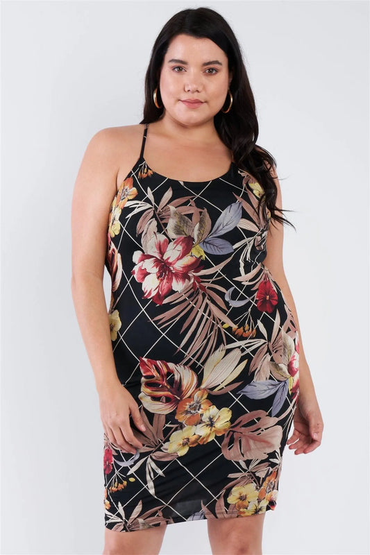 Junior Plus Size Black Criss-Cross Open Back Mini Floral Print Dress /2-2-2 - Tasha Apparel Wholesale