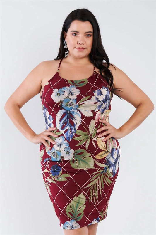 Junior Plus Size Burgundy Criss-Cross Open Back Mini Floral Print Dress /2-2-2 - Tasha Apparel Wholesale
