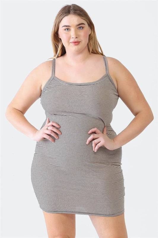 Junior Plus Taupe Stripe Print Sleeveless Strappy Mini Dress /1-1-1 - Tasha Apparel Wholesale
