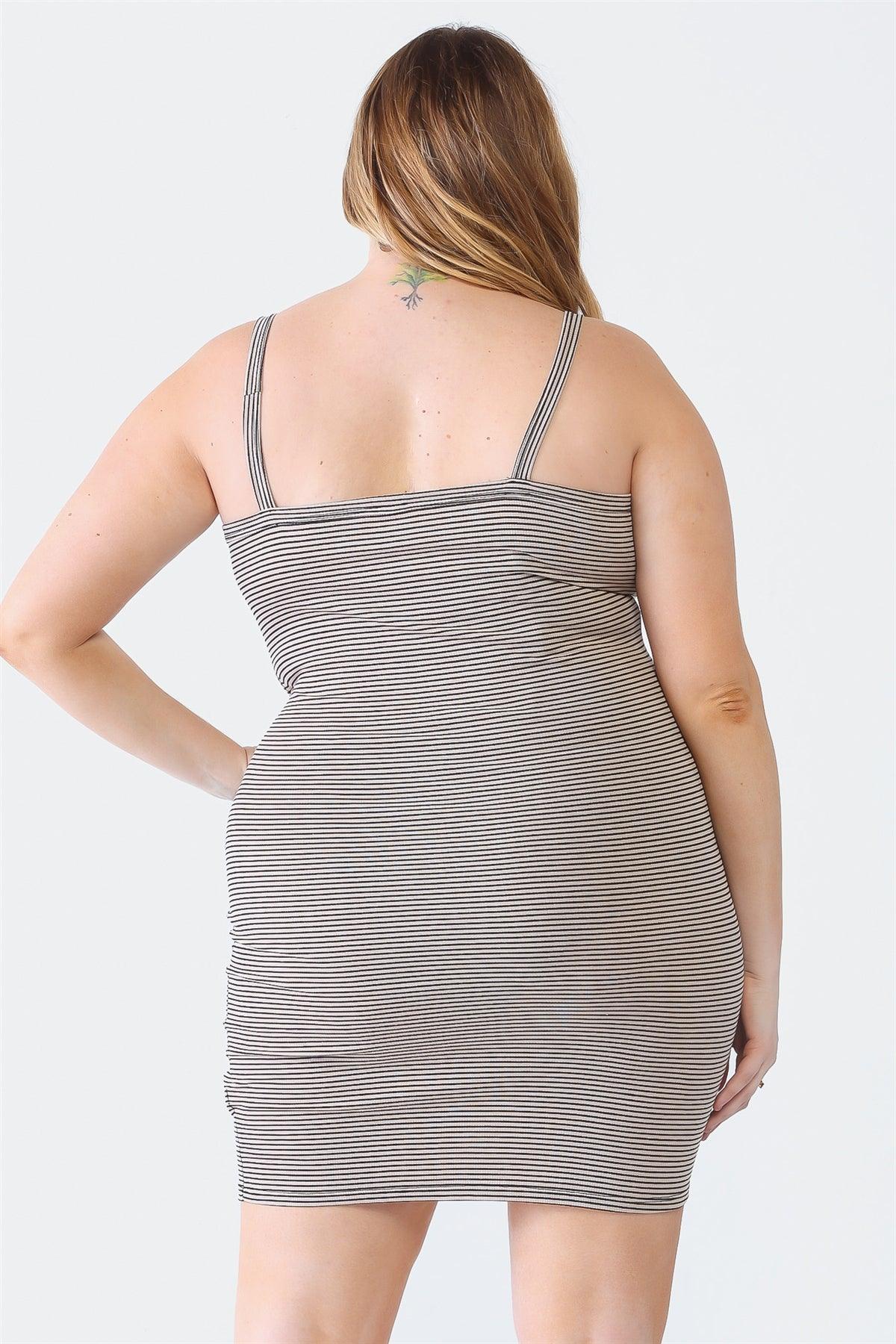 Junior Plus Taupe Stripe Print Sleeveless Strappy Mini Dress /1-1-1