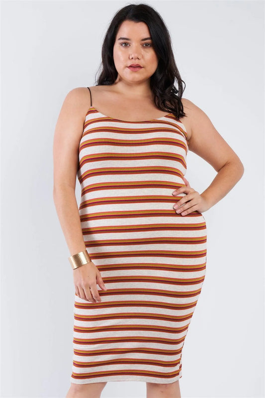 Junior Plus Size Taupe Stripped Ribbed Knit Tank Midi Dress /2-2-2 - Tasha Apparel Wholesale