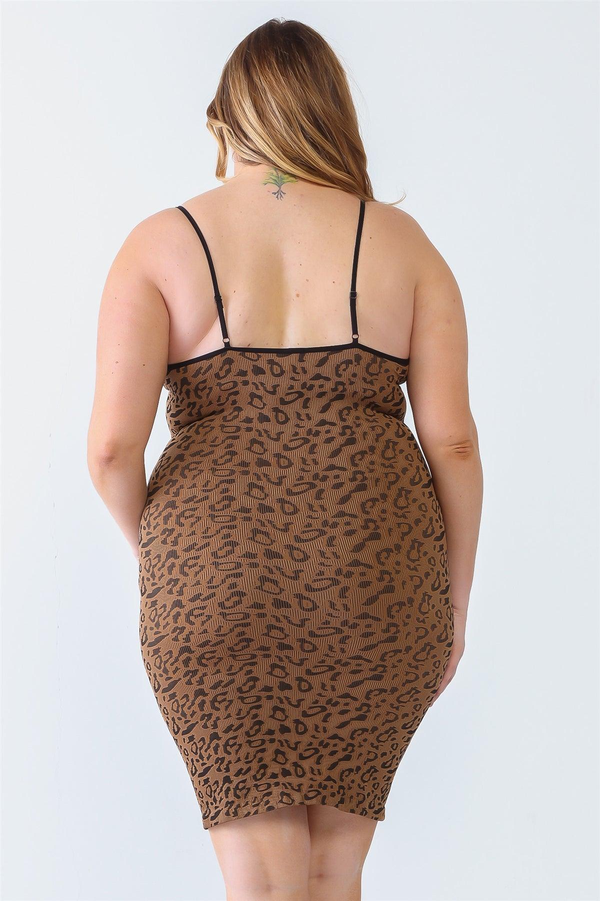 Junior Plus Brown Leopard Print Ribbed Sleeveless Strappy Tight Mini Dress /2-3