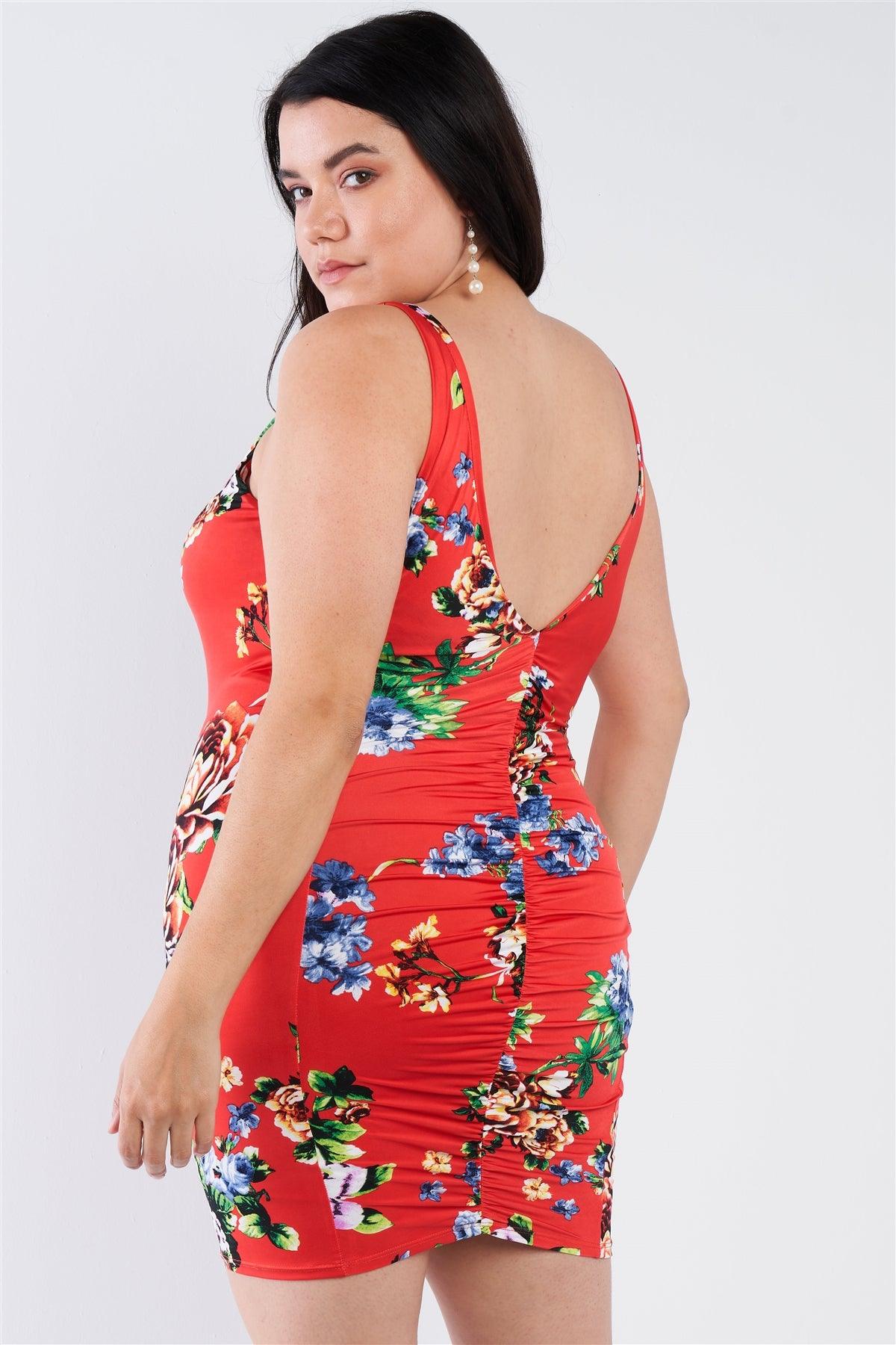 Junior Plus Size Tomato Red Floral Print Scoop Back Cinched Center Mini Dress /2-2-2