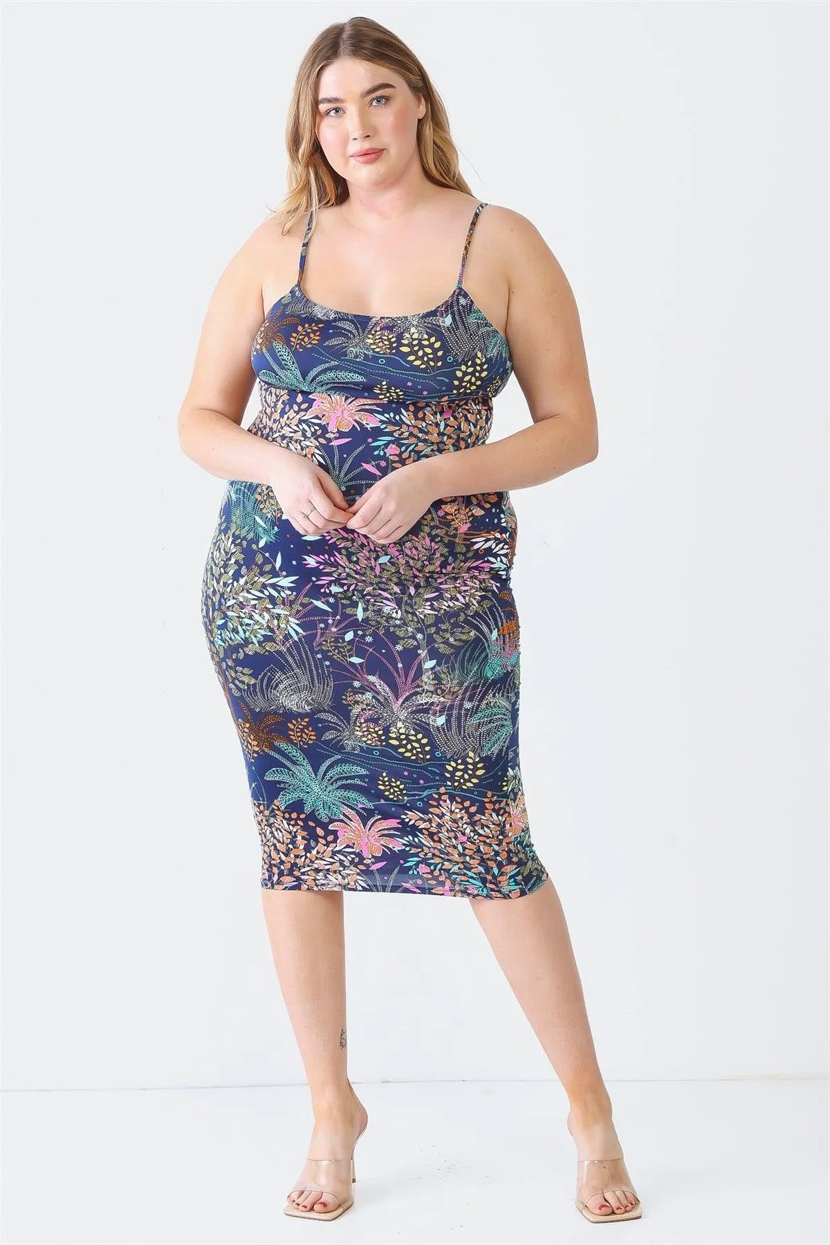 Junior Plus Navy Flower Print Strappy Midi Dress /1-1-1 - Tasha Apparel Wholesale