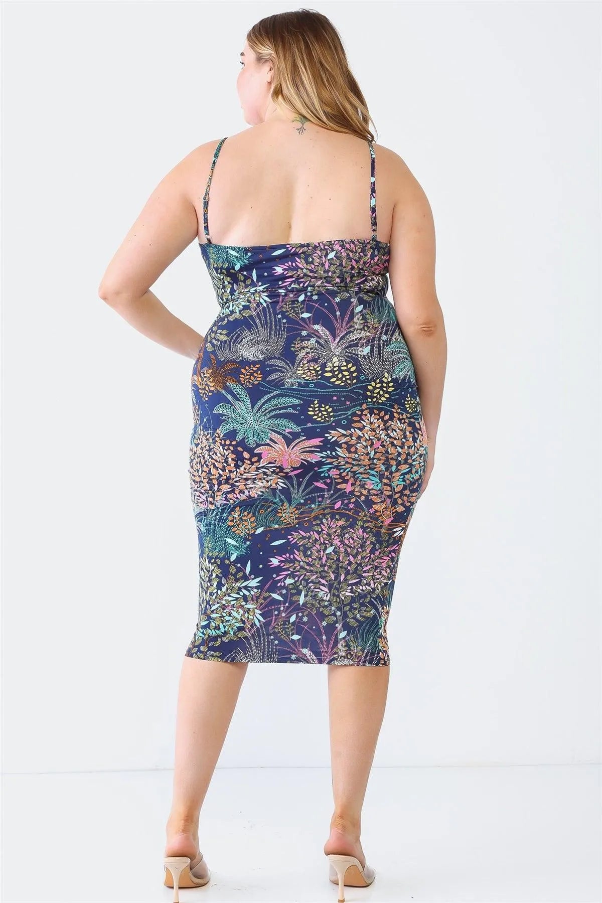 Junior Plus Navy Flower Print Strappy Midi Dress /1-1-1 - Tasha Apparel Wholesale