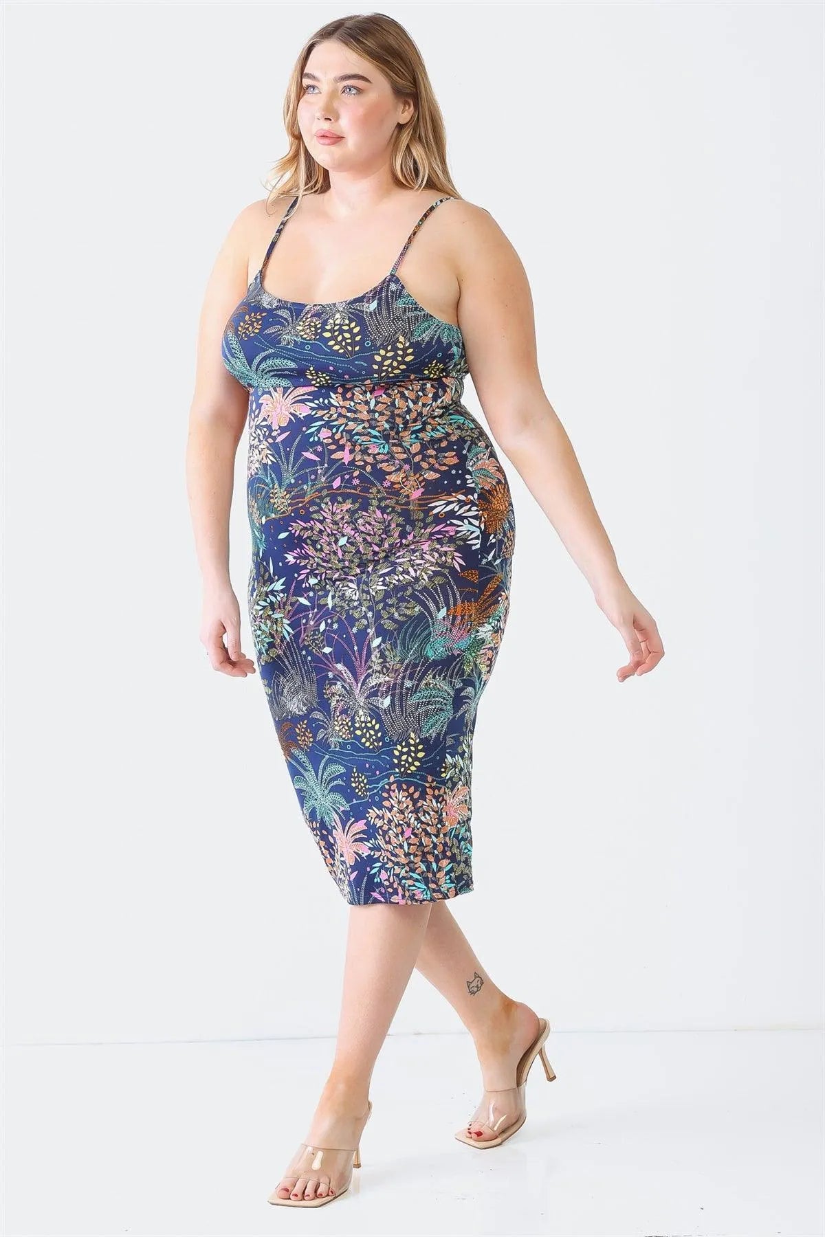 Junior Plus Navy Flower Print Strappy Midi Dress /1-1-1 - Tasha Apparel Wholesale