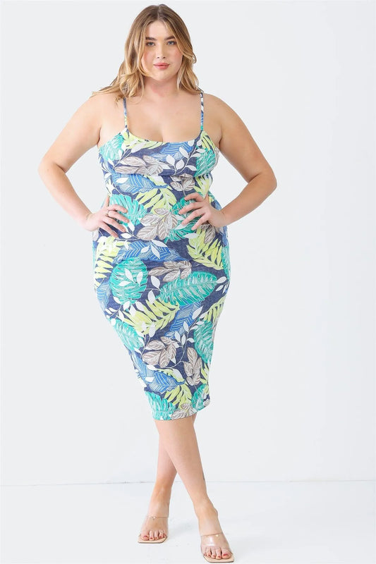 Junior Plus Green Palm Leaves Print Strappy Midi Dress /1-2-2 - Tasha Apparel Wholesale