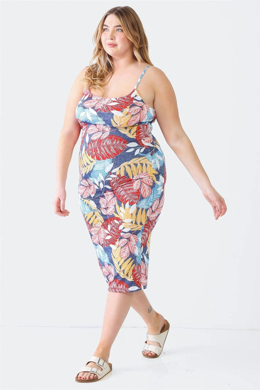Junior Plus Red Palm Leaves Print Strappy Midi Dress /1-2-2 - Tasha Apparel Wholesale