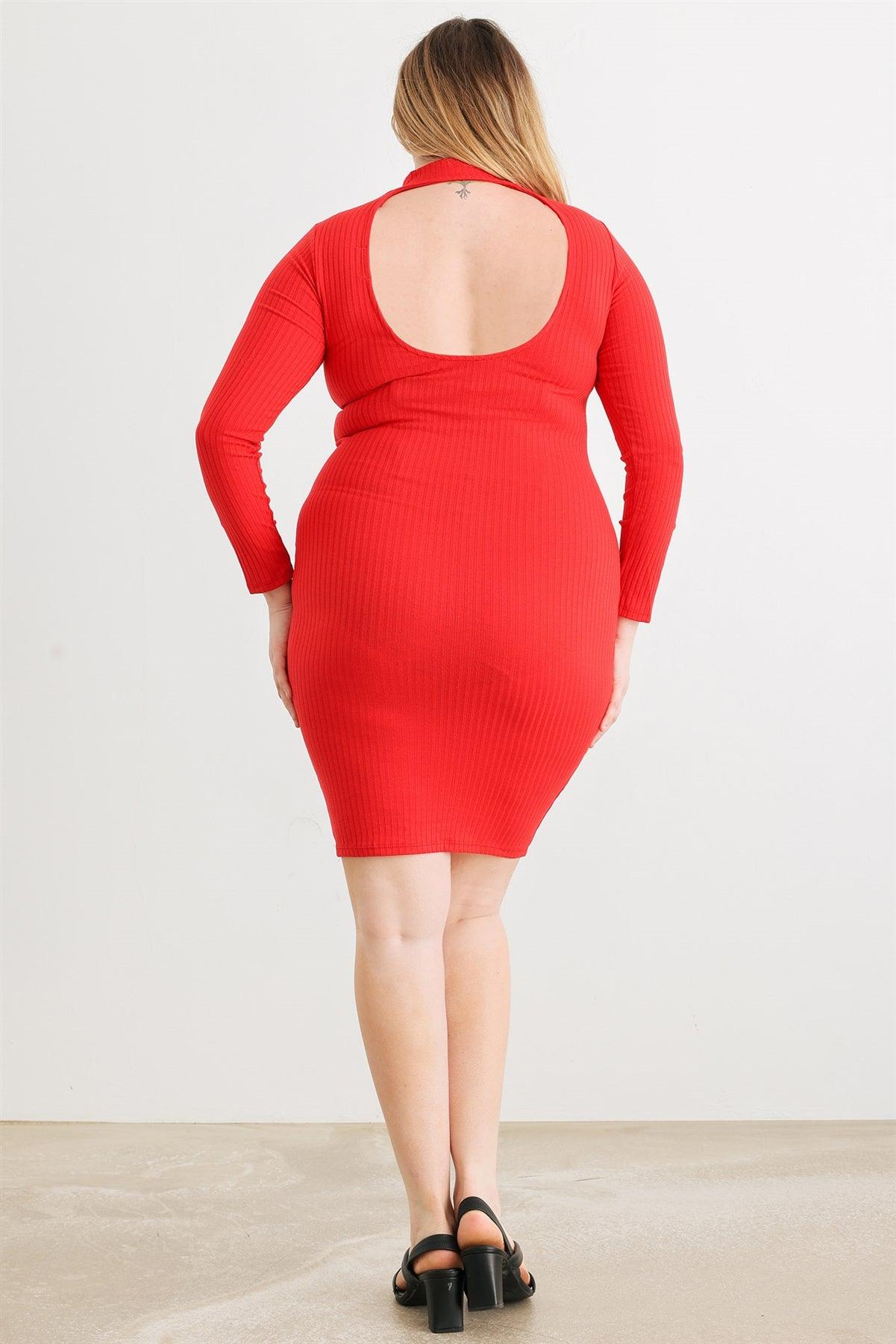 Junior Plus Red Ribbed Long Sleeve Mock Neck Cut-Out Back Midi Dress /1-2
