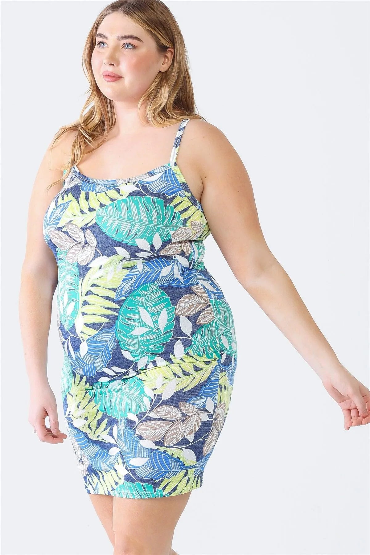 Plus Size Palm Leaves Print Strappy Mini Dress Plus Size Palm Leaves Print Strappy Mini Dress