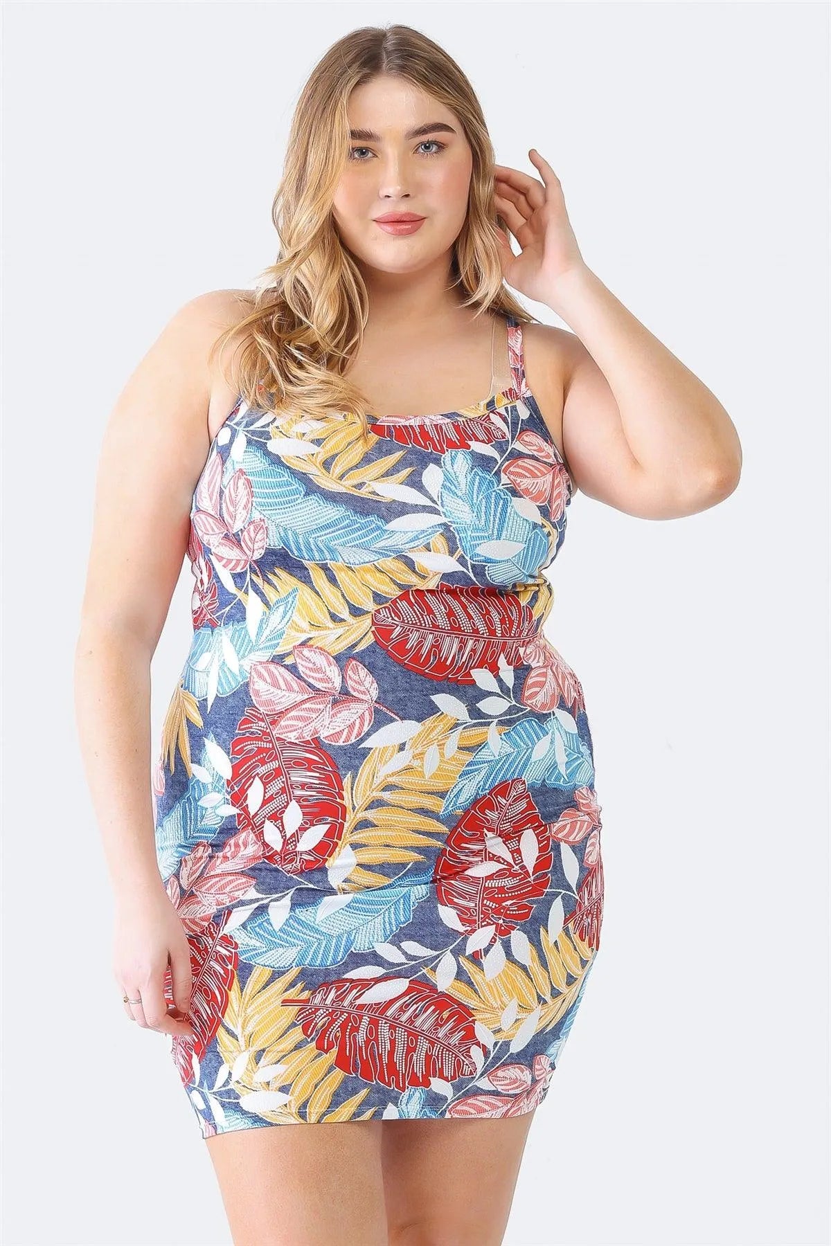 Junior Plus Red Palm Leaves Print Strappy Mini Dress /1-1-1 - Tasha Apparel Wholesale