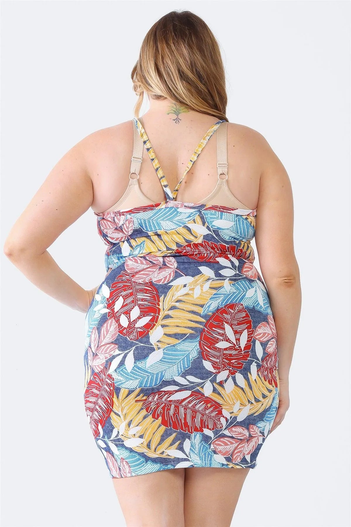 Junior Plus Red Palm Leaves Print Strappy Mini Dress /1-1-1 - Tasha Apparel Wholesale