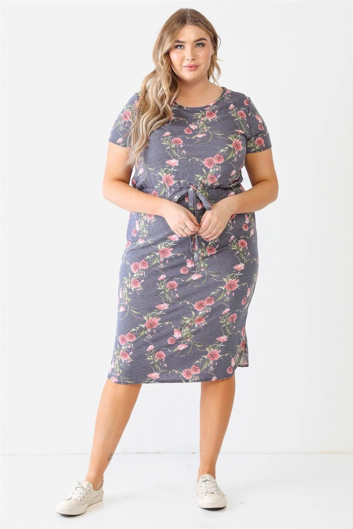 Junior Plus Grey Flower Short Sleeve Crew Neck Midi Dress /1-1-1 - Tasha Apparel Wholesale