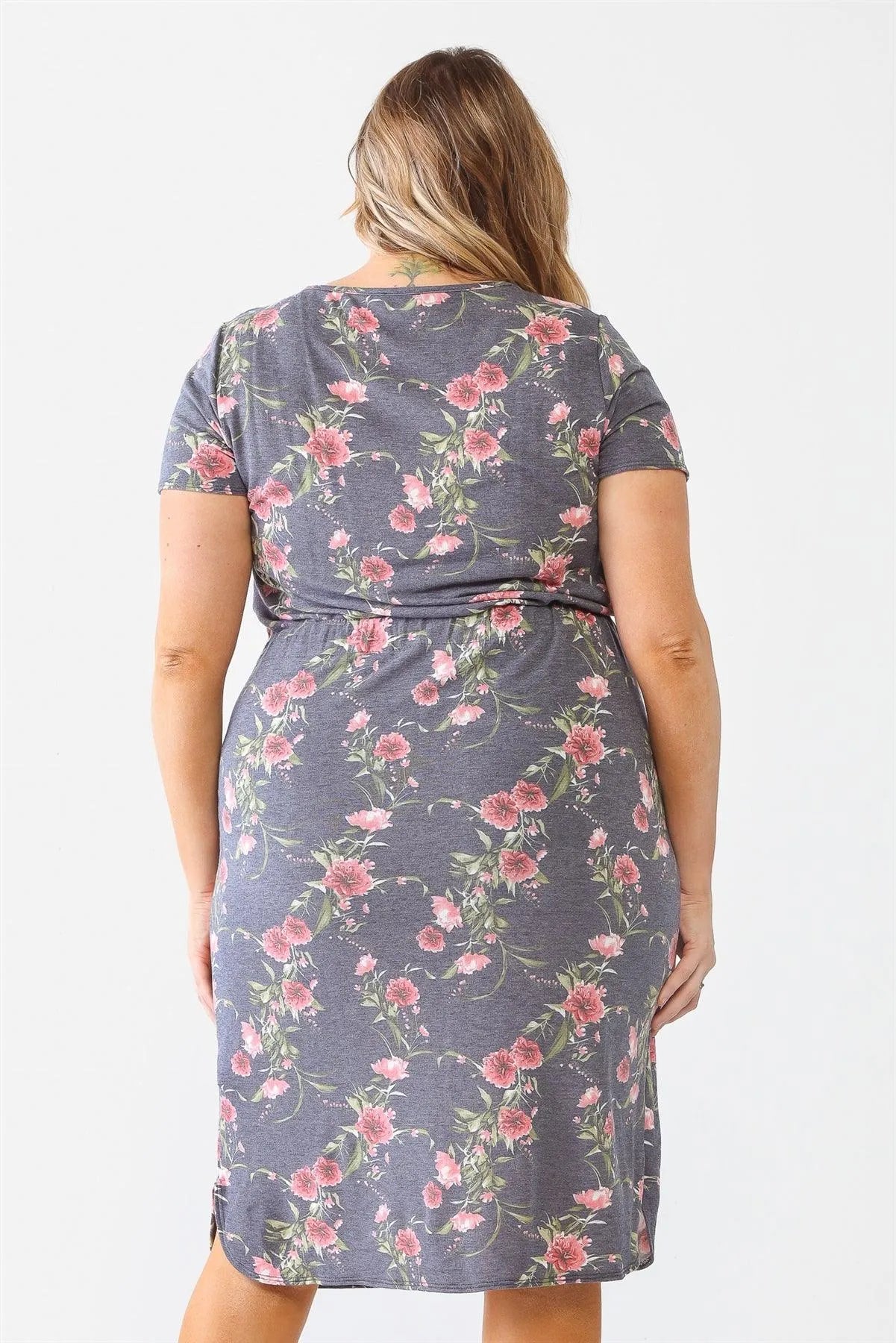 Junior Plus Grey Flower Short Sleeve Crew Neck Midi Dress /1-1-1 - Tasha Apparel Wholesale