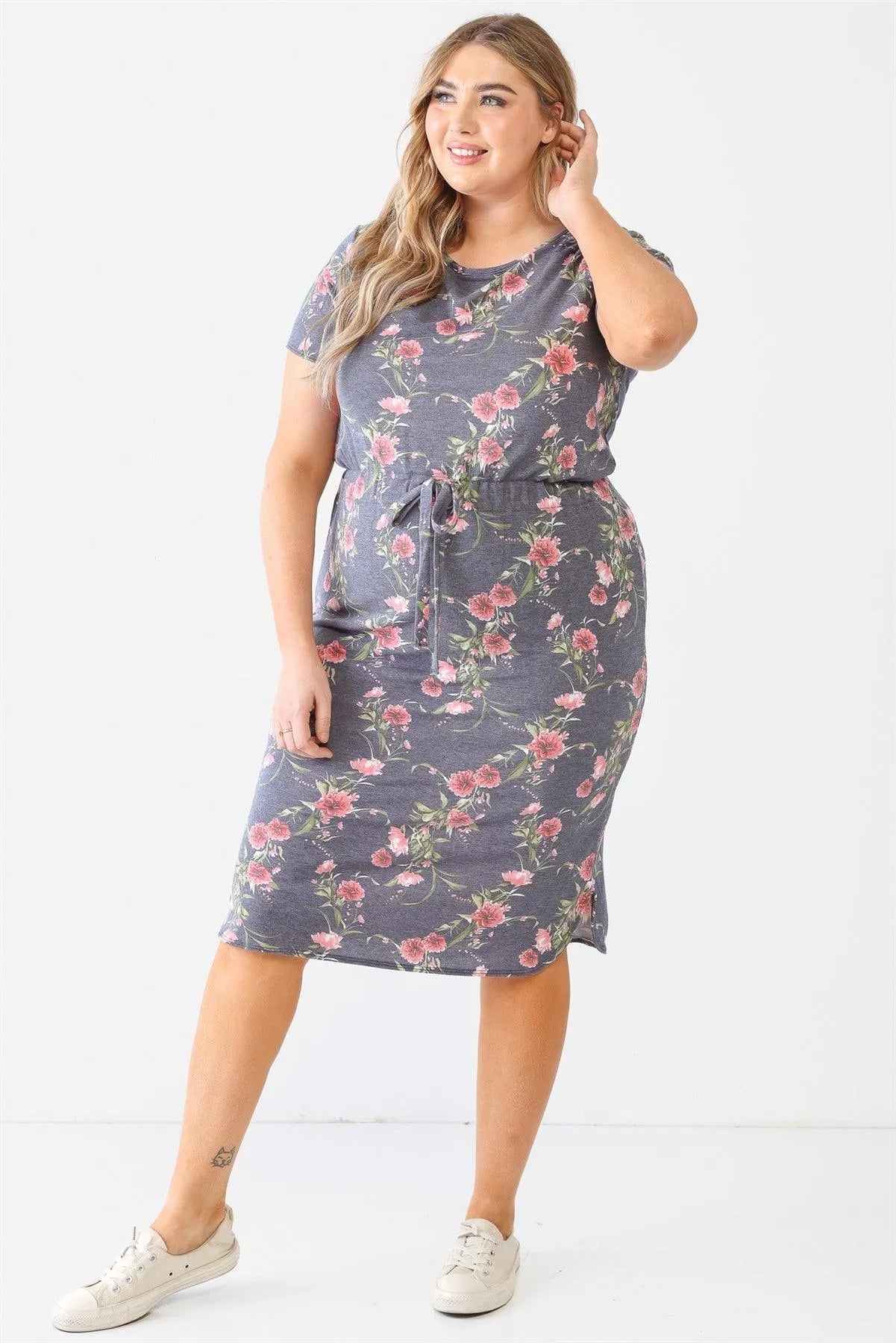 Junior Plus Grey Flower Short Sleeve Crew Neck Midi Dress /1-1-1 - Tasha Apparel Wholesale