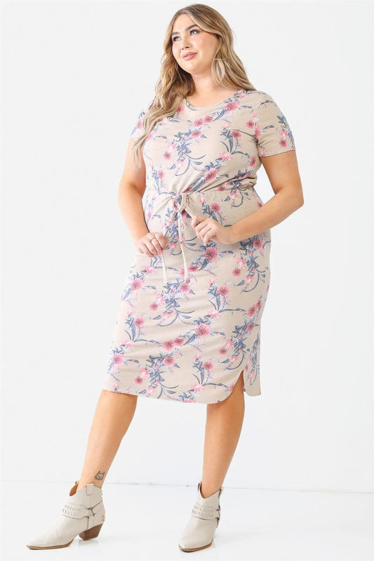 Junior Plus Taupe Flower Short Sleeve Crew Neck Midi Dress /1-2-2 - Tasha Apparel Wholesale