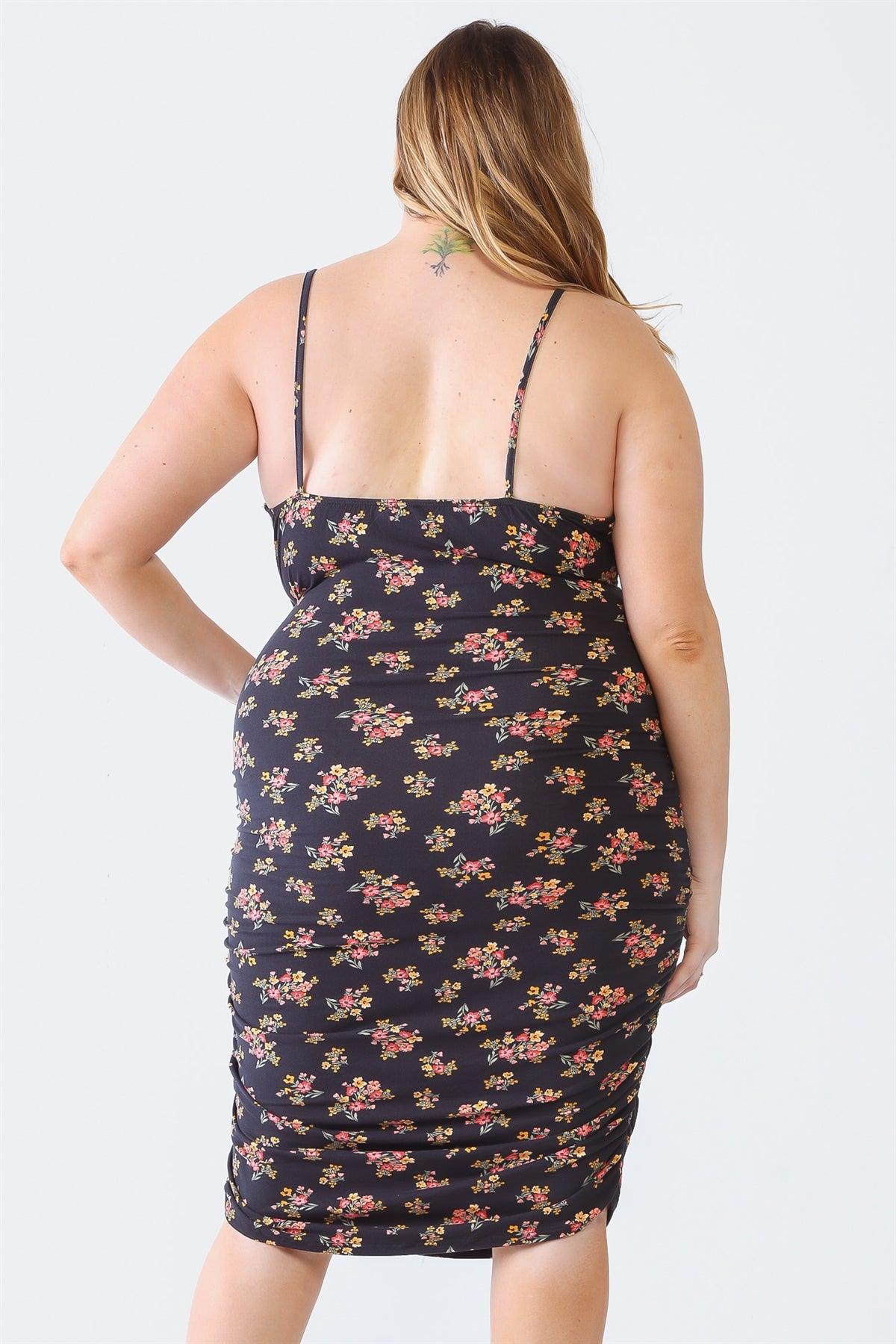 Junior Plus Black Flower Print Sleeveless Ruched Mini Dress /1-1-1
