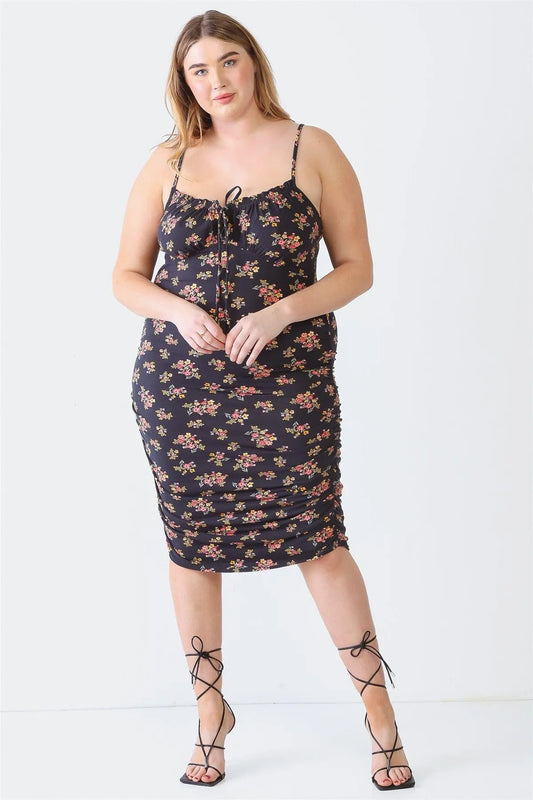 Plus Size Black Floral Print Ruched Midi Dress - Tasha Apparel Wholesale