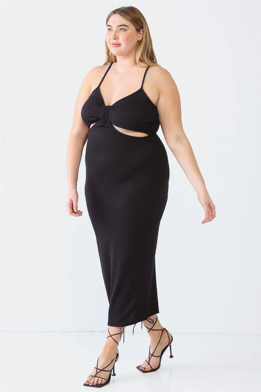 Junior Plus Black Ribbed Bow Cut-Out Sleeveless Strappy Midi Dress /2-2-1 - Tasha Apparel Wholesale