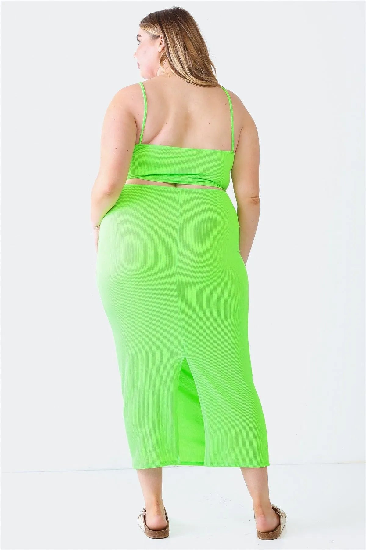 Junior Plus Lime Ribbed Bow Cut-Out Sleeveless Strappy Midi Dress /1-1-1 - Tasha Apparel Wholesale