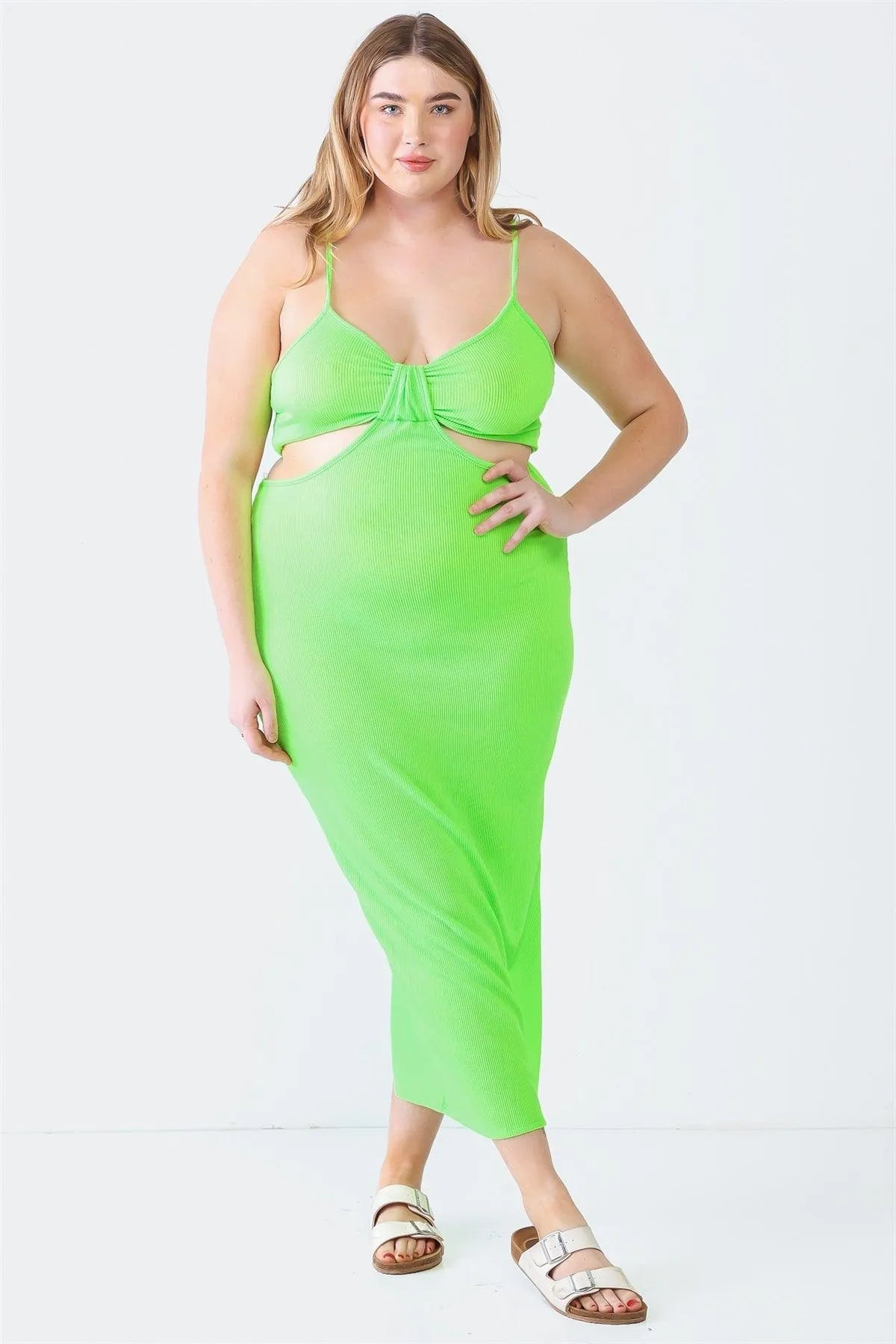 Junior Plus Lime Ribbed Bow Cut-Out Sleeveless Strappy Midi Dress /1-1-1 - Tasha Apparel Wholesale
