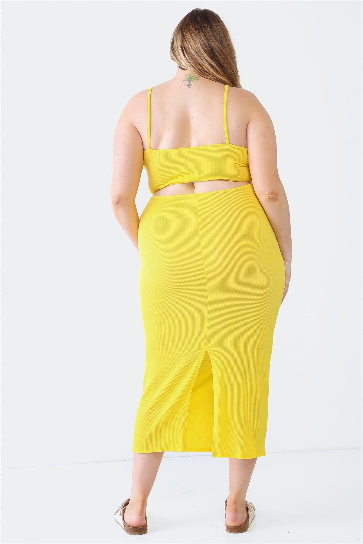 Junior Plus Yellow Ribbed Bow Cut-Out Sleeveless Strappy Midi Dress /1-1-1