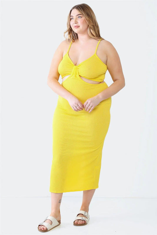 Junior Plus Yellow Ribbed Bow Cut-Out Sleeveless Strappy Midi Dress /2-2-1 - Tasha Apparel Wholesale