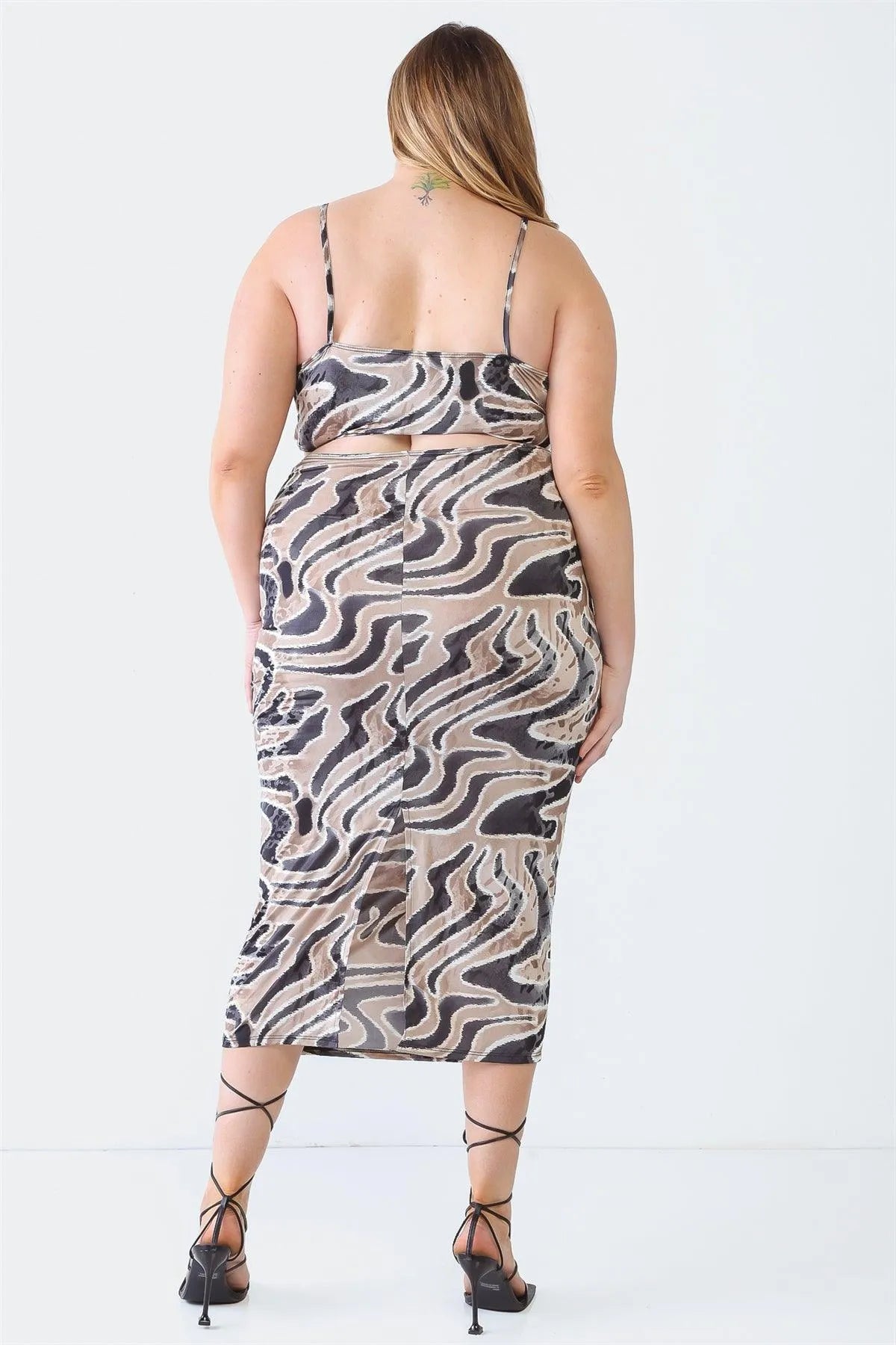 Mocha Plus Size Printed Bow Cut-Out Sleeveless Midi Dress - Tasha Apparel Wholesale