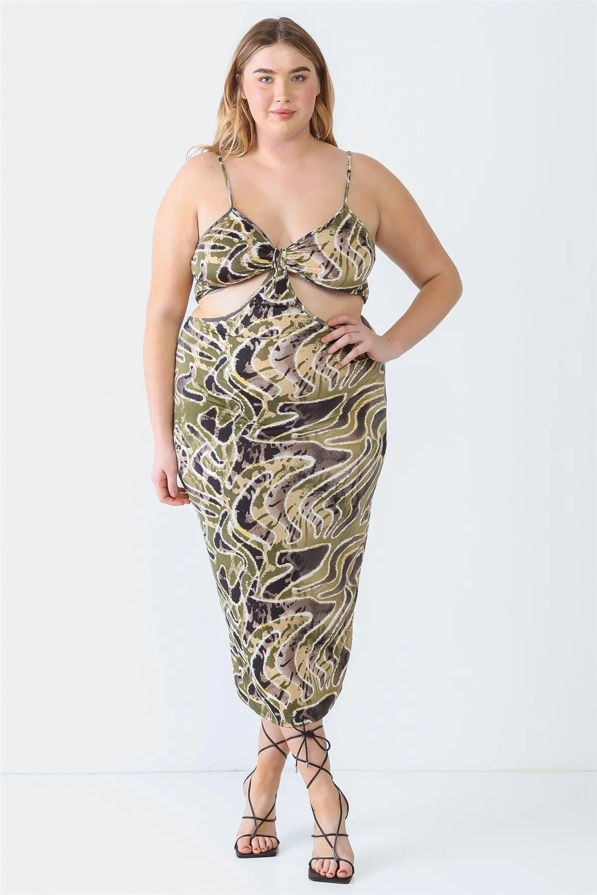 Olive Plus Size Printed Bow Cut-Out Sleeveless Midi Dress - Tasha Apparel Wholesale