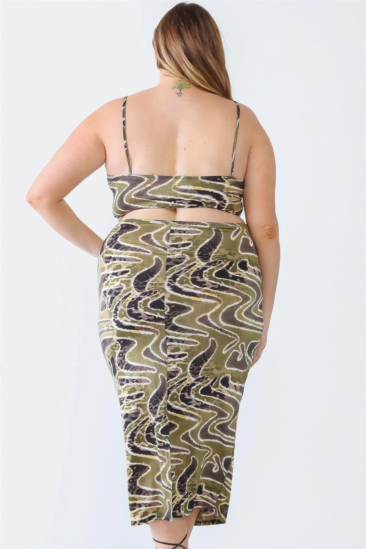 Olive Plus Size Printed Bow Cut-Out Sleeveless Midi Dress - Tasha Apparel Wholesale
