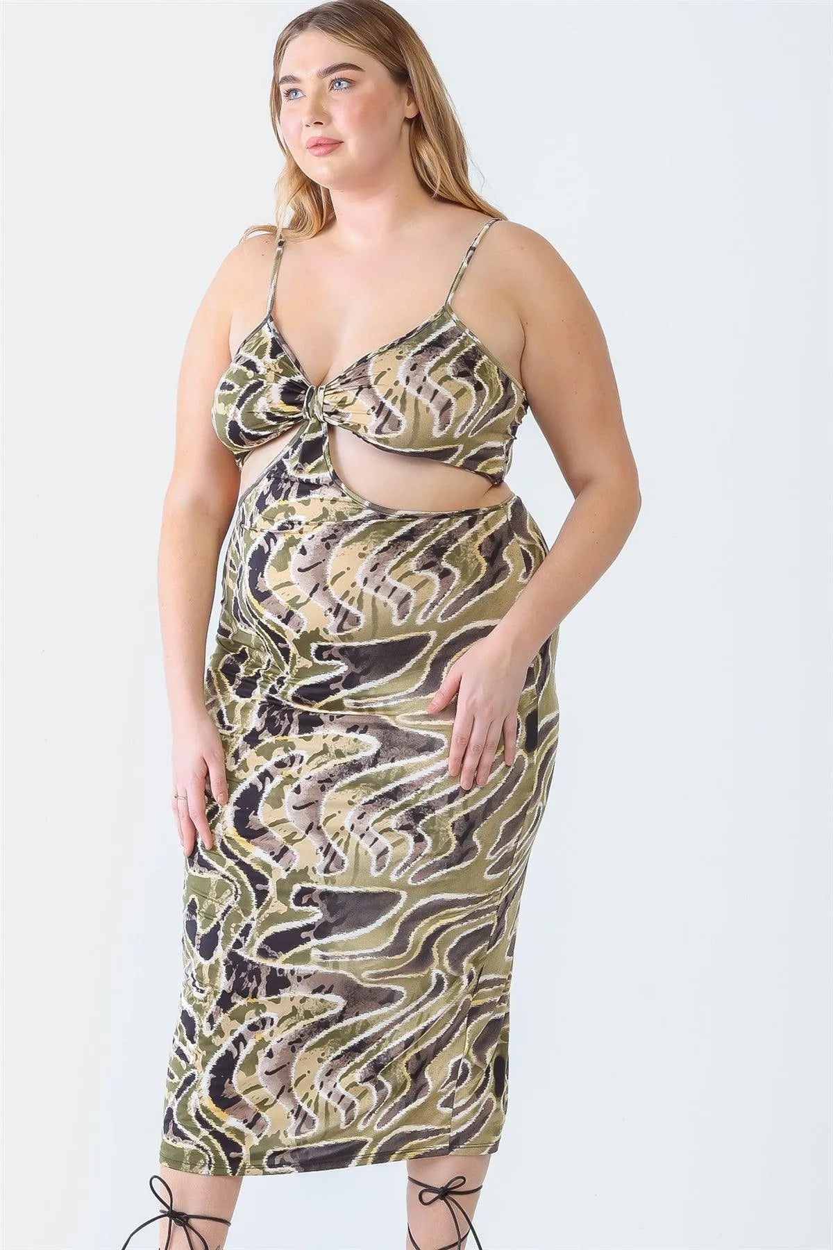 Olive Plus Size Printed Bow Cut-Out Sleeveless Midi Dress - Tasha Apparel Wholesale