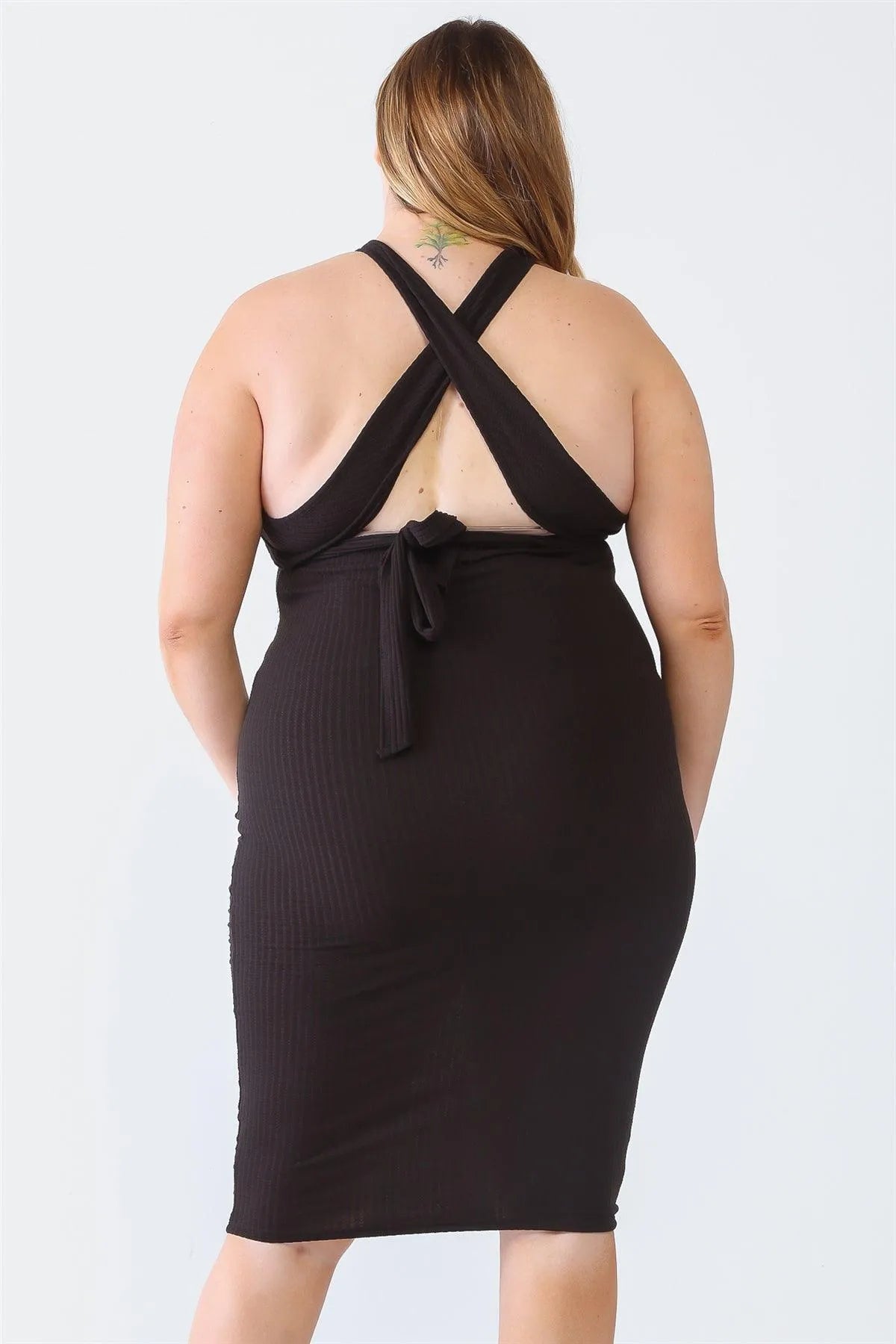 Junior Plus Black Ribbed Sleeveless Criss-Cross Back Midi Dress /1-2-2 - Tasha Apparel Wholesale