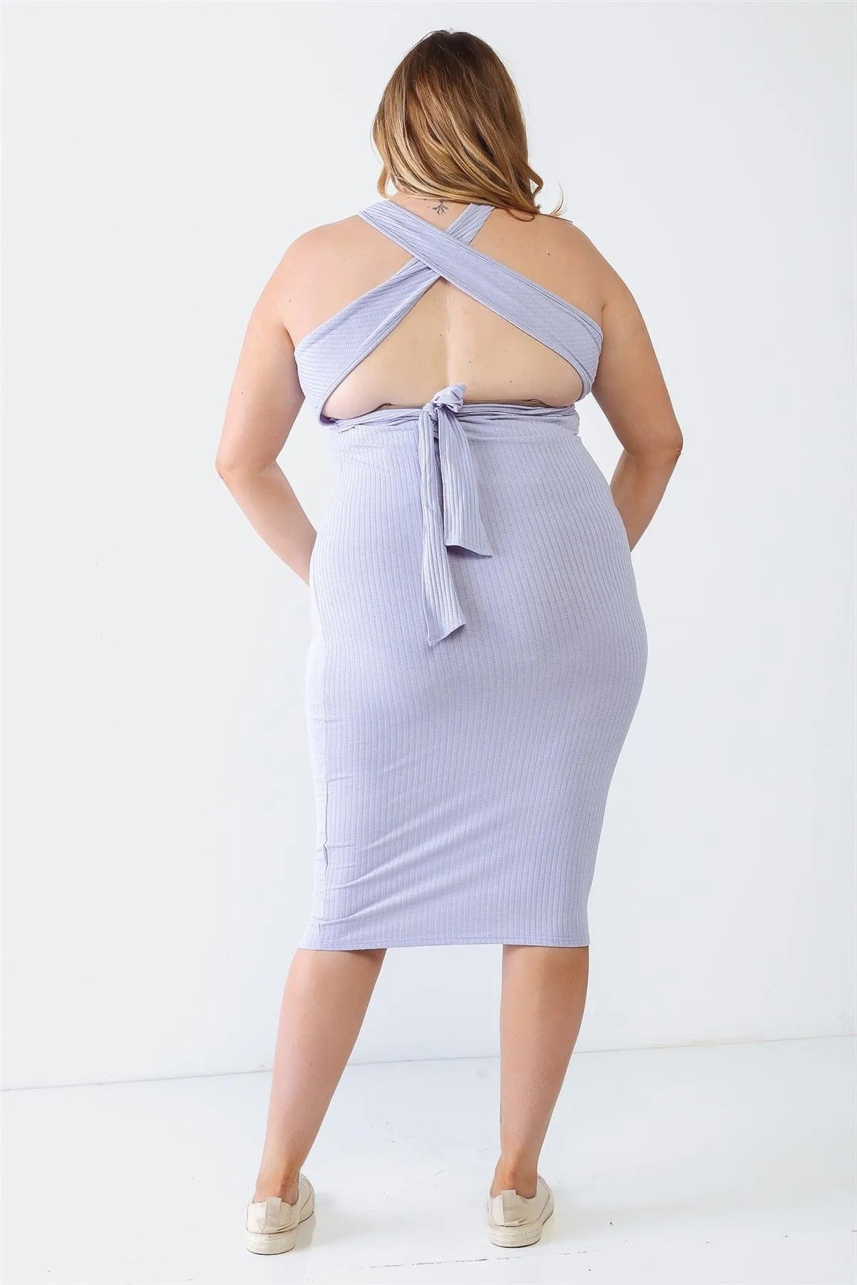 Junior Plus Lavender Ribbed Sleeveless Criss-Cross Back Midi Dress /1-1-1 - Tasha Apparel Wholesale