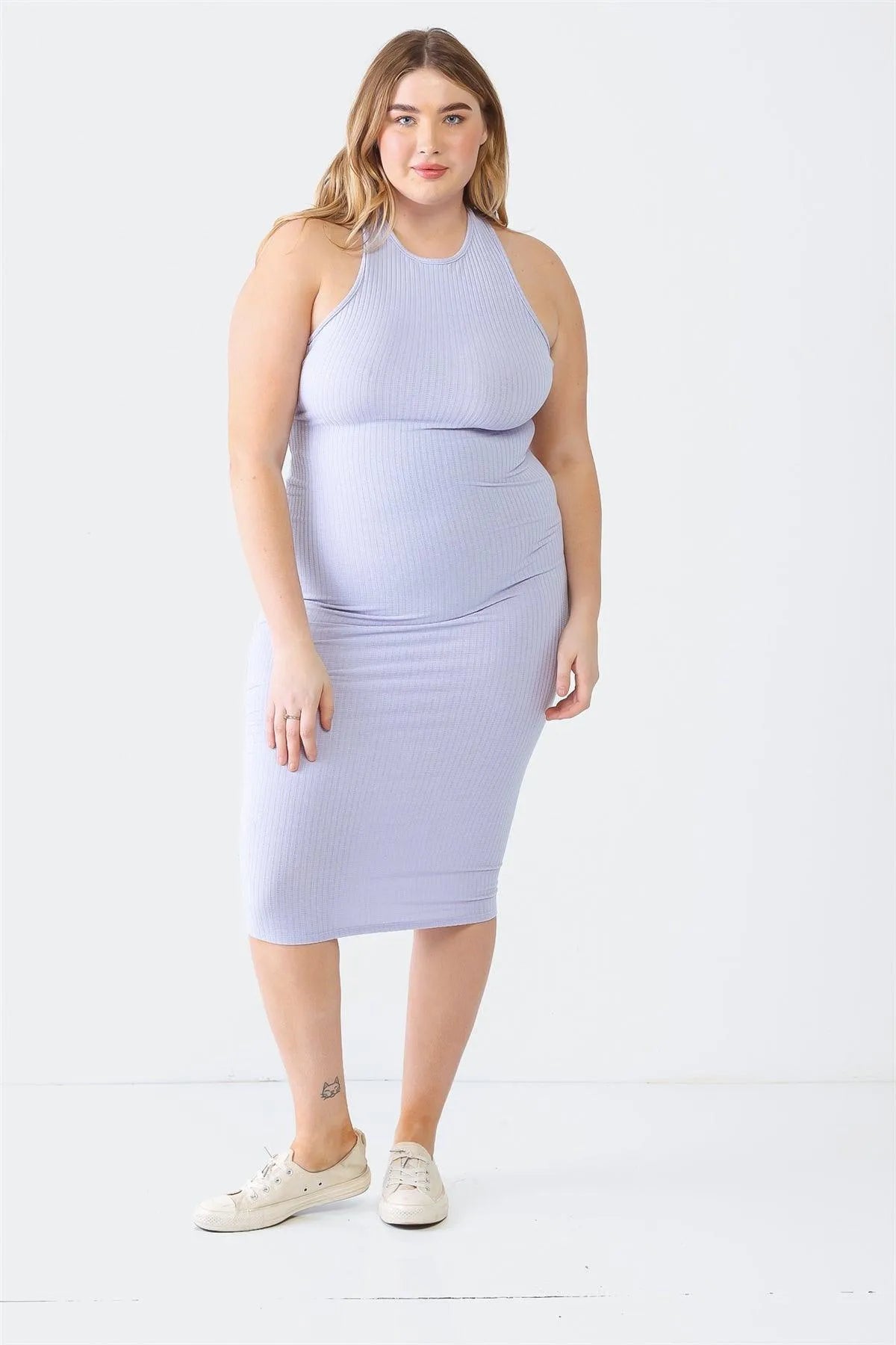Junior Plus Lavender Ribbed Sleeveless Criss-Cross Back Midi Dress /1-1-1 - Tasha Apparel Wholesale
