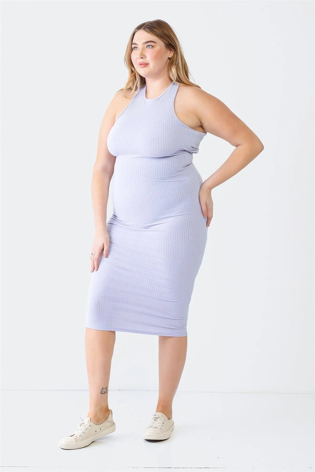Junior Plus Lavender Ribbed Sleeveless Criss-Cross Back Midi Dress /1-1-1 - Tasha Apparel Wholesale