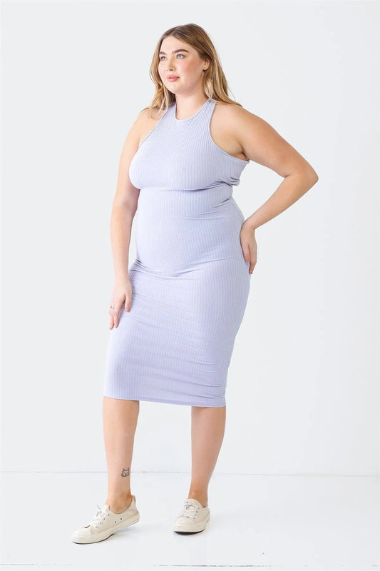 Junior Plus Lavender Ribbed Sleeveless Criss-Cross Back Midi Dress /1-2-2 - Tasha Apparel Wholesale