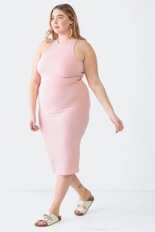 Junior Plus Pink Ribbed Sleeveless Criss-Cross Back Midi Dress /1-1-1 - Tasha Apparel Wholesale
