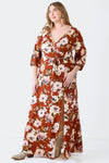 Junior Plus Brown Floral Print Wrap Neck Long Sleeve Belted Maxi Dress /2-2 - Tasha Apparel Wholesale