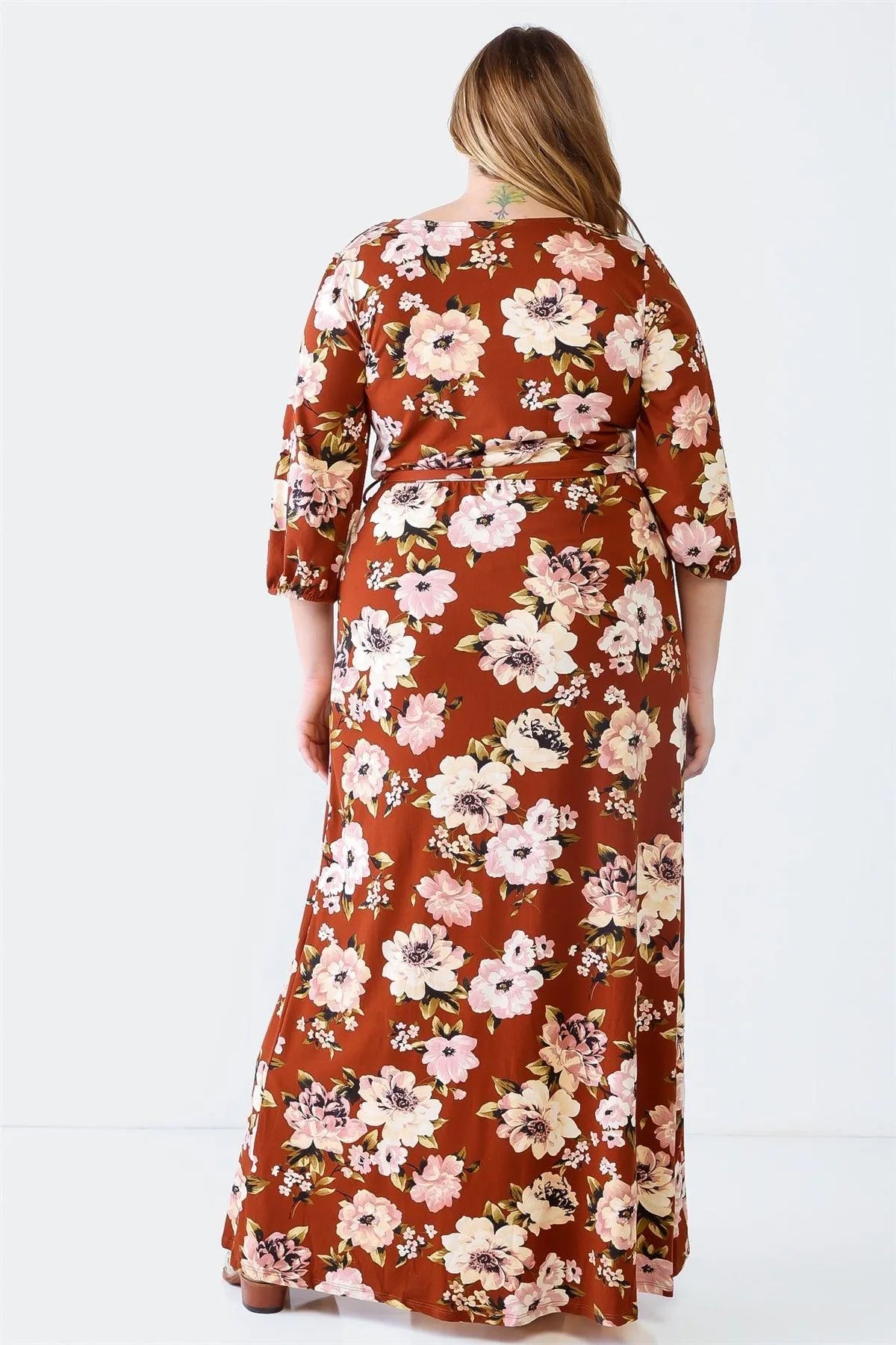 Junior Plus Brown Floral Print Wrap Neck Long Sleeve Belted Maxi Dress /2-2 - Tasha Apparel Wholesale
