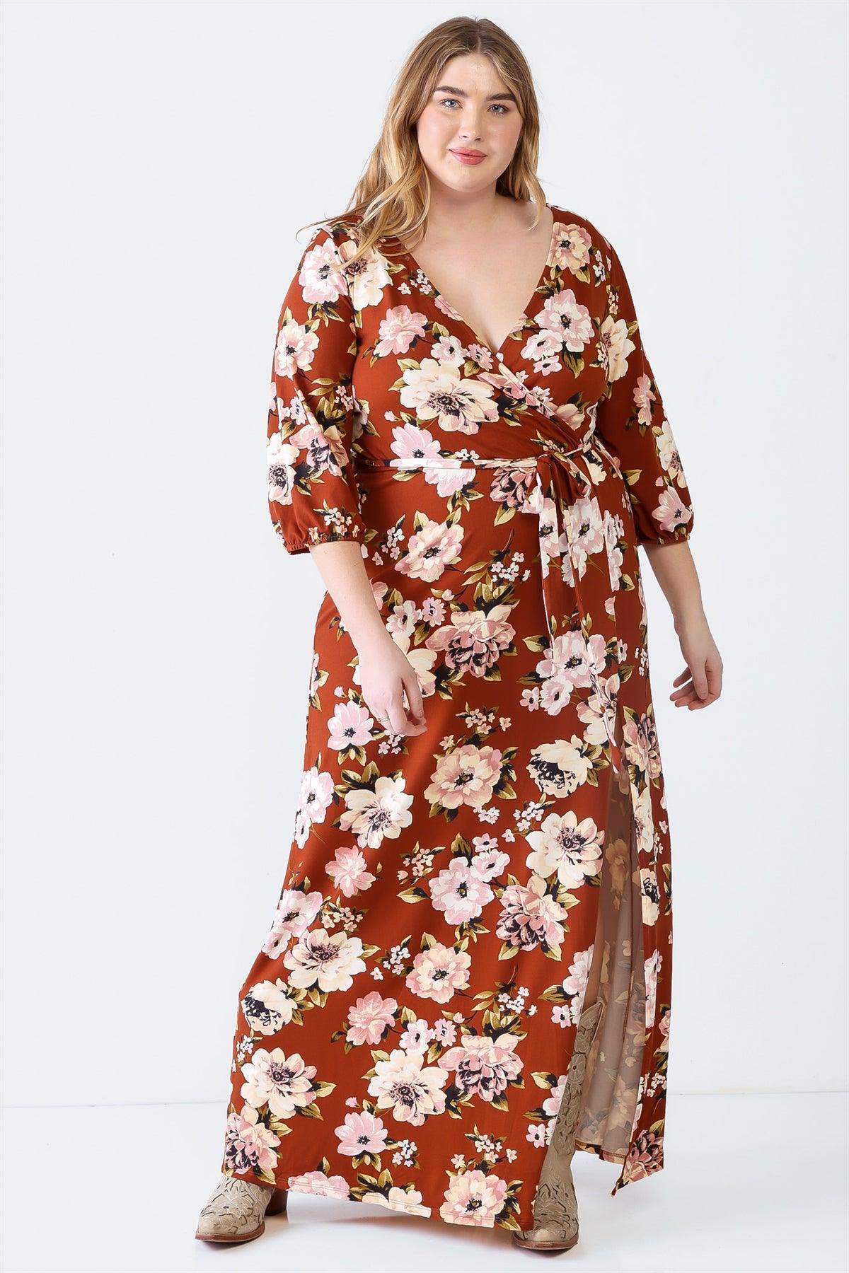 Junior Plus Brown Floral Print Wrap Neck Long Sleeve Belted Maxi Dress /2-2