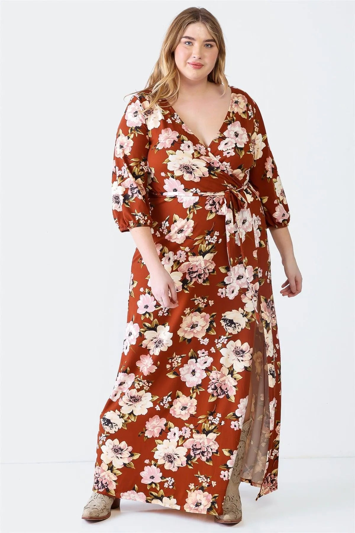 Junior Plus Brown Floral Print Wrap Neck Long Sleeve Belted Maxi Dress /2-2 - Tasha Apparel Wholesale