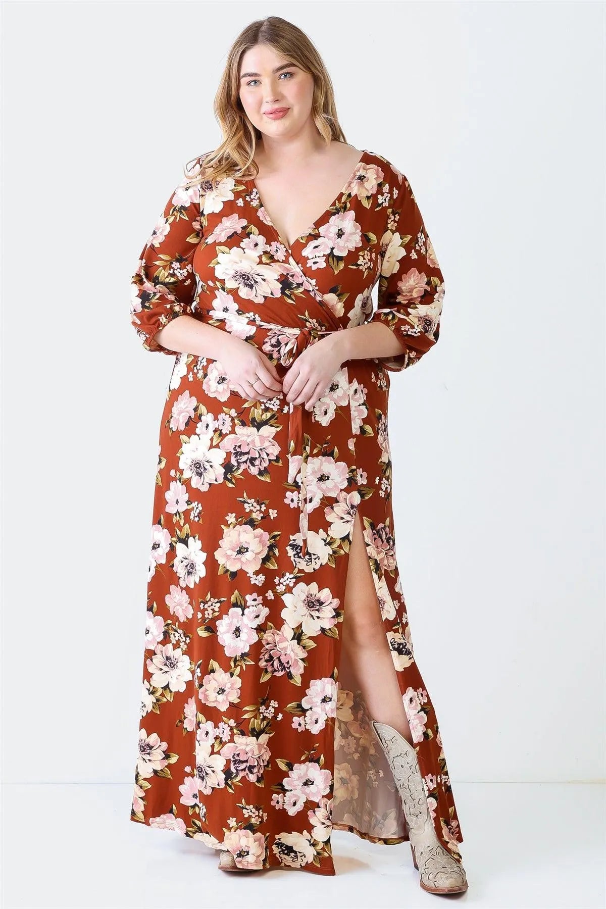 Junior Plus Brown Floral Print Wrap Neck Long Sleeve Belted Maxi Dress /2-2 - Tasha Apparel Wholesale