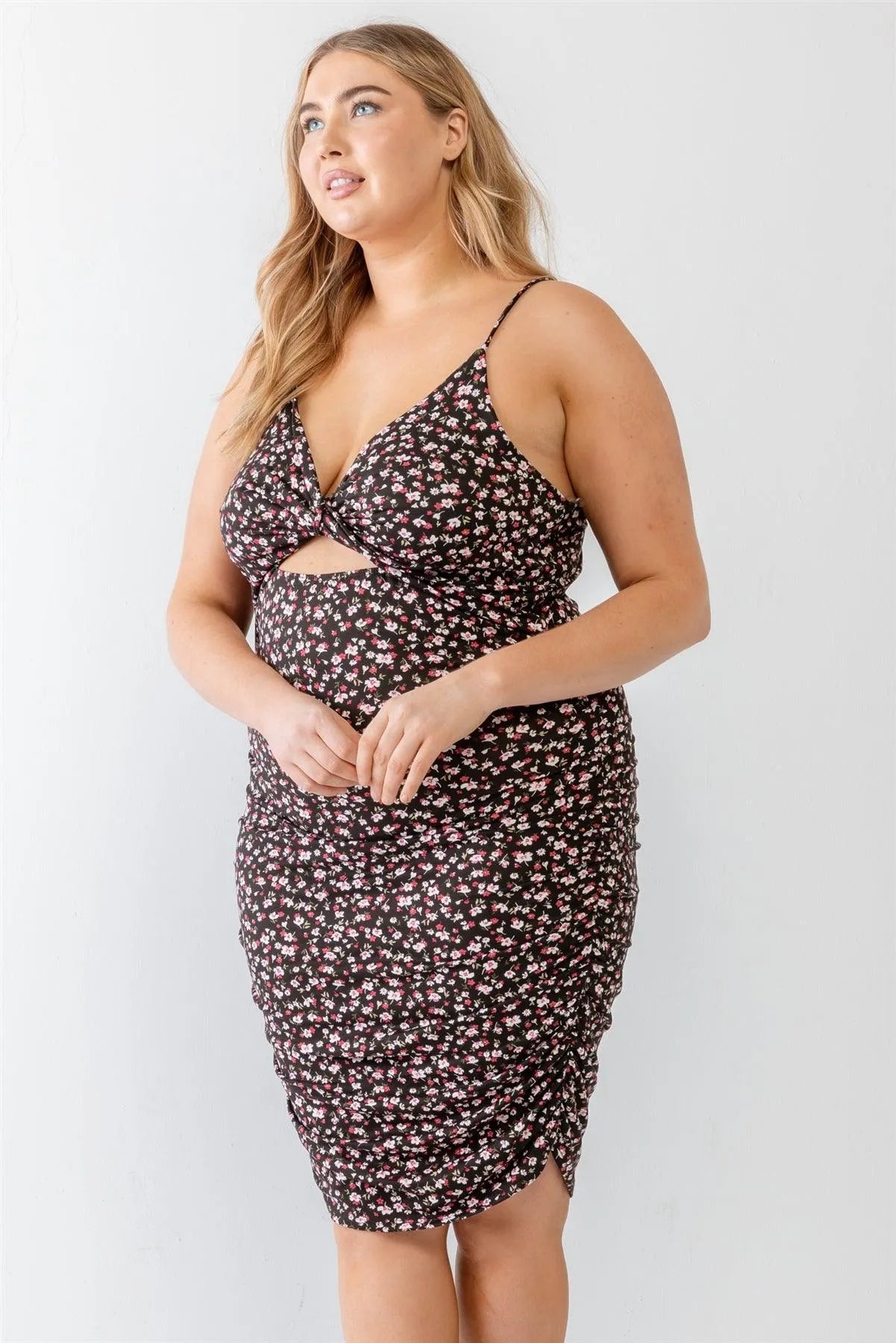 Plus Size Floral Twist Cut-Out Ruched Strappy Midi Dress Plus Size Floral Twist Cut-Out Ruched Strappy Midi Dress